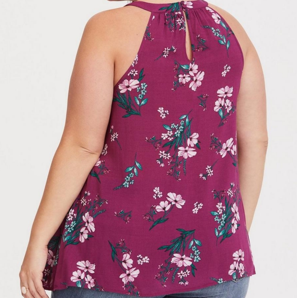 NWOT TORRID Challis Ruffle Tank Lace Inset High-Neck Floral Print Berry Blouse - Picture 2 of 7
